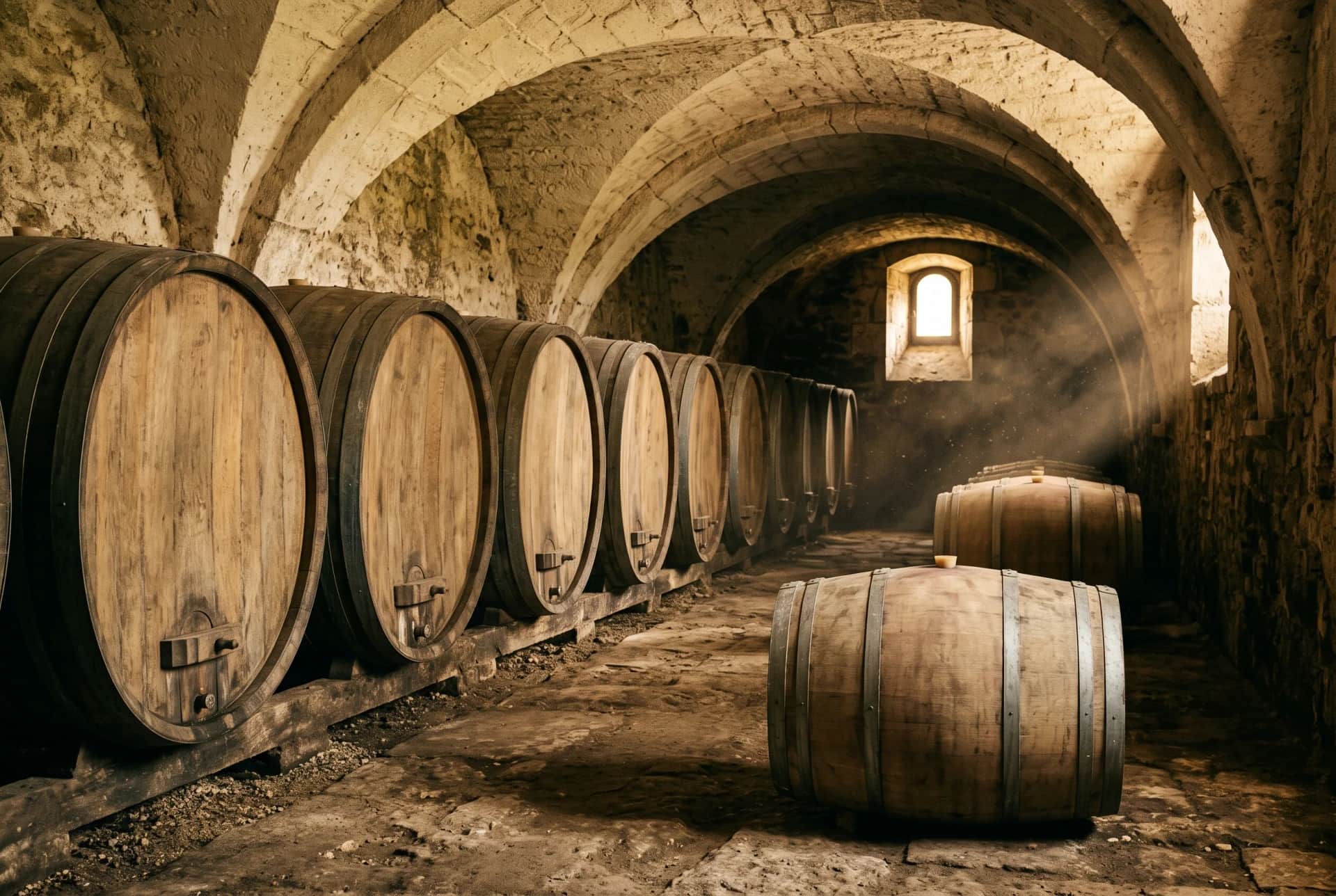 La cave voûtée du Domaine Hartwiller, alignement de foudres de chêne dans la pénombre