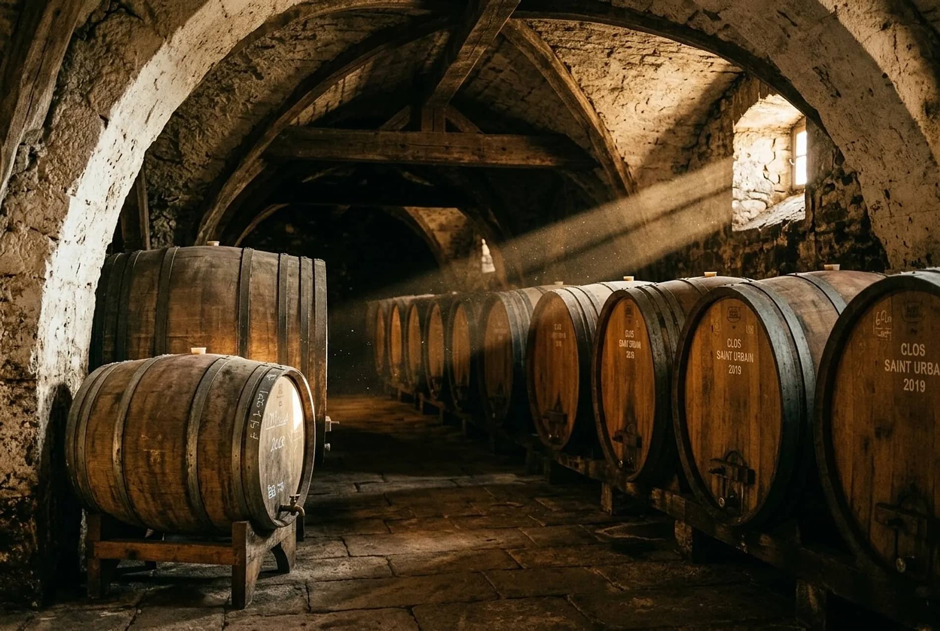 Foudres de chêne dans la cave voûtée du domaine, où la cuvée fait son élevage