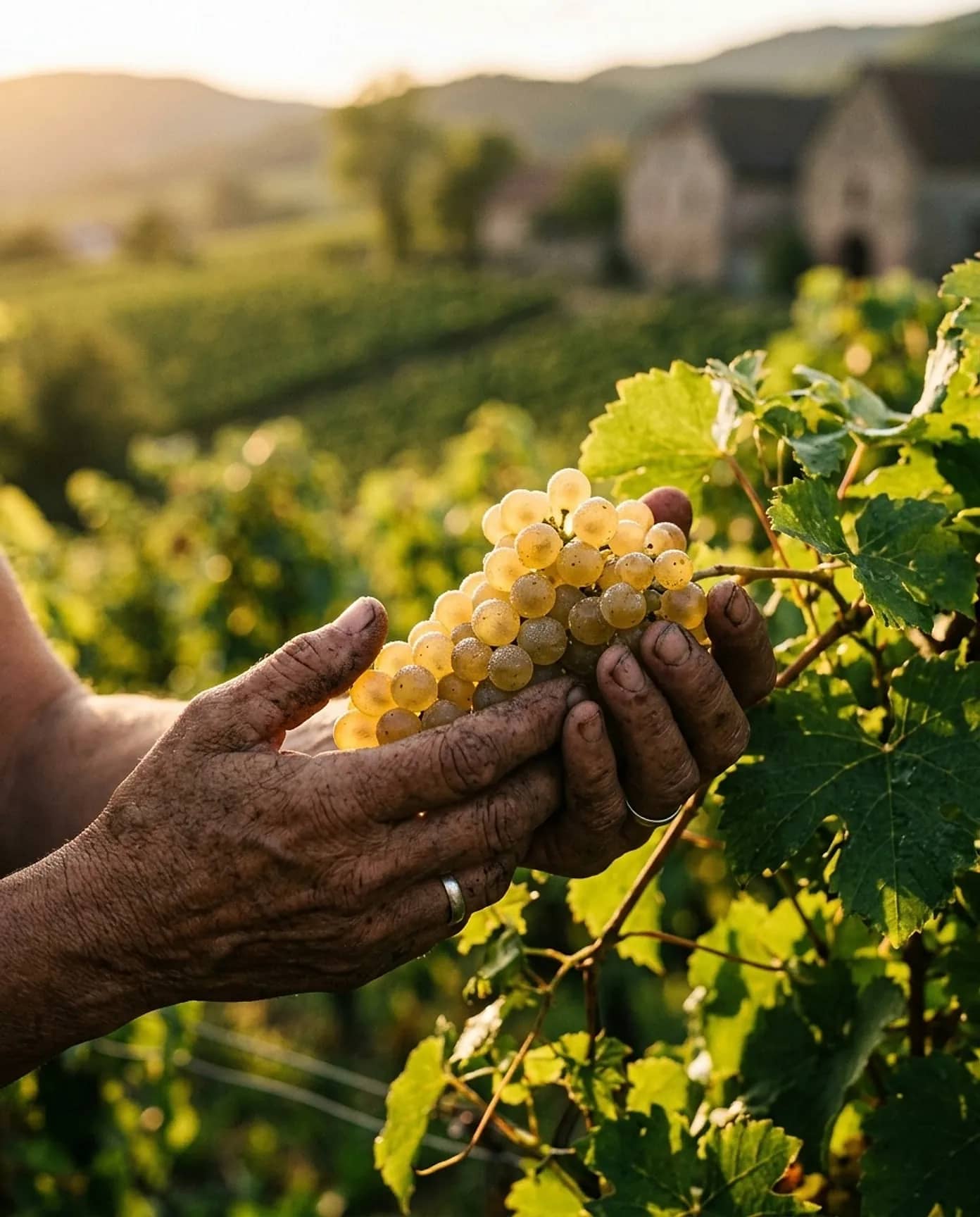 Les mains d'un vigneron présentant une grappe de Riesling perlée de rosée