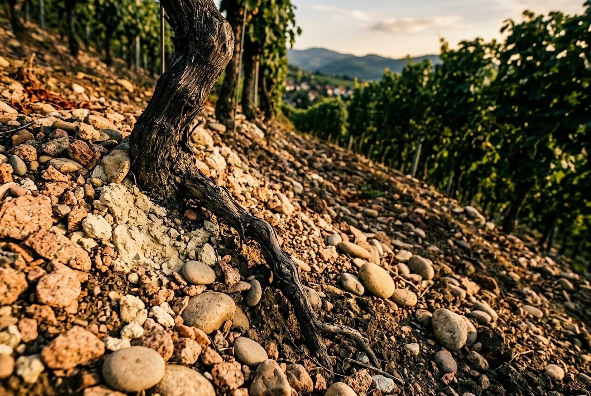 Détail du sol viticole : galets de granite et de calcaire, racine de vieille vigne