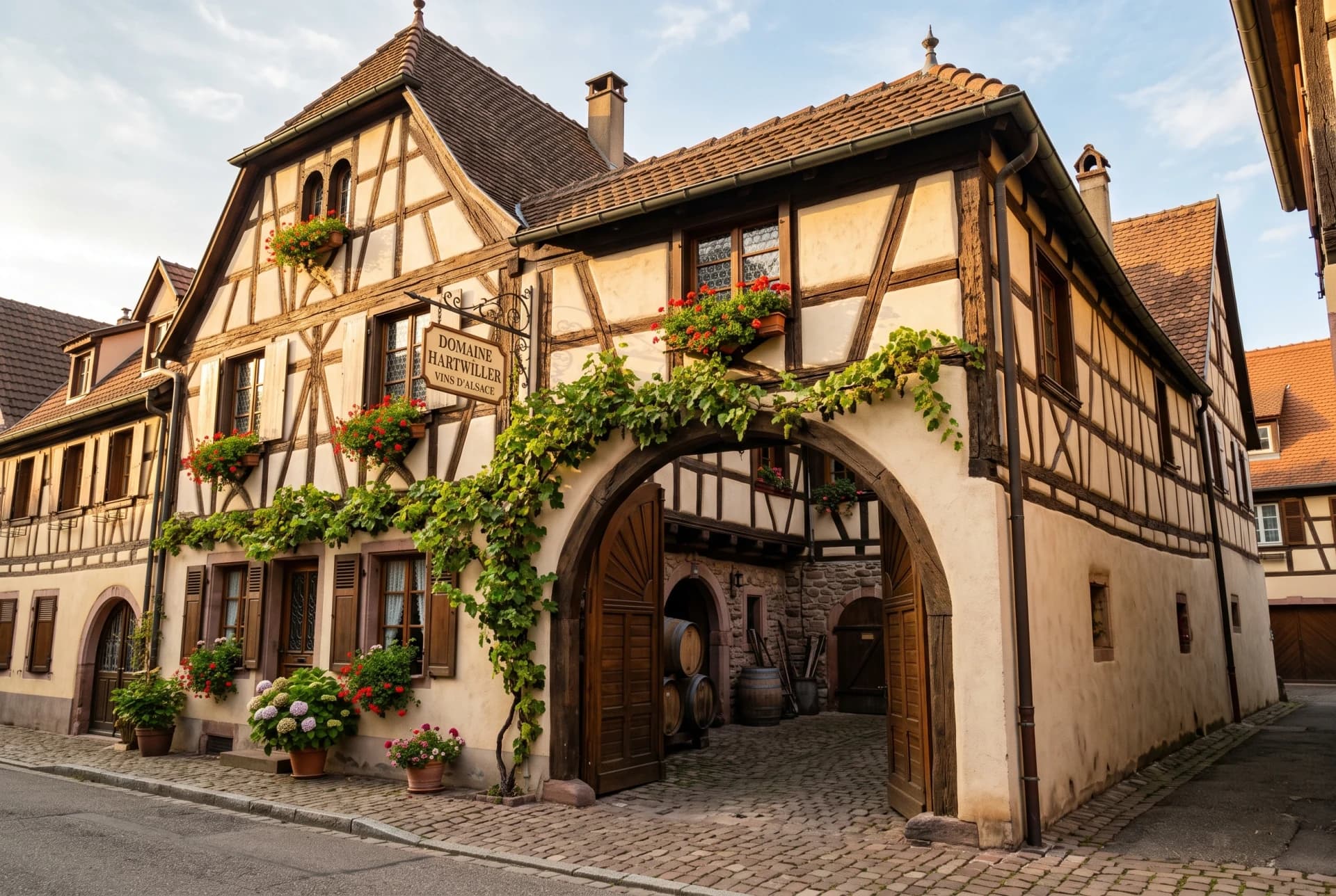 La façade à colombages de la maison vigneronne du Domaine Hartwiller, portail ouvert sur la cour et l'entrée du chai