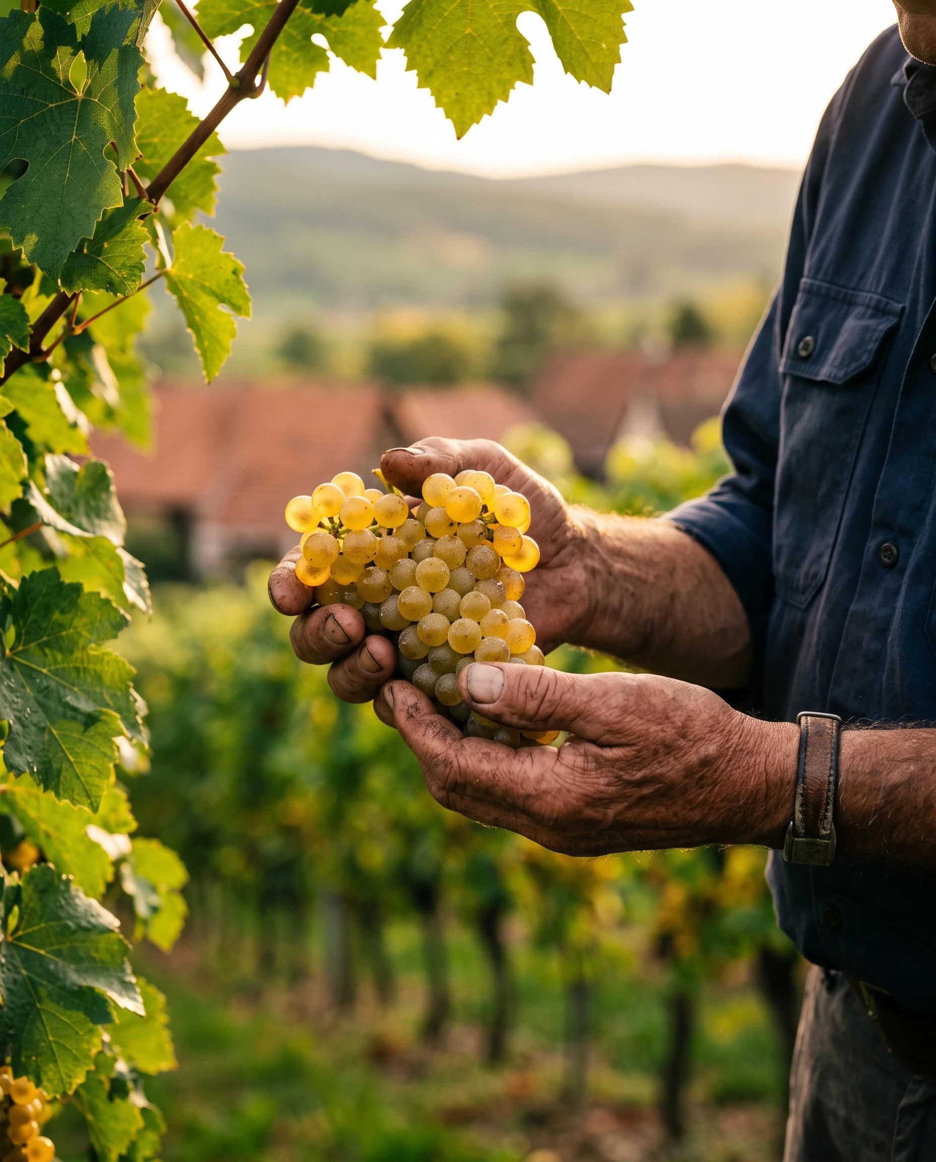 Les mains d'un vigneron présentant une grappe de Riesling perlée de rosée