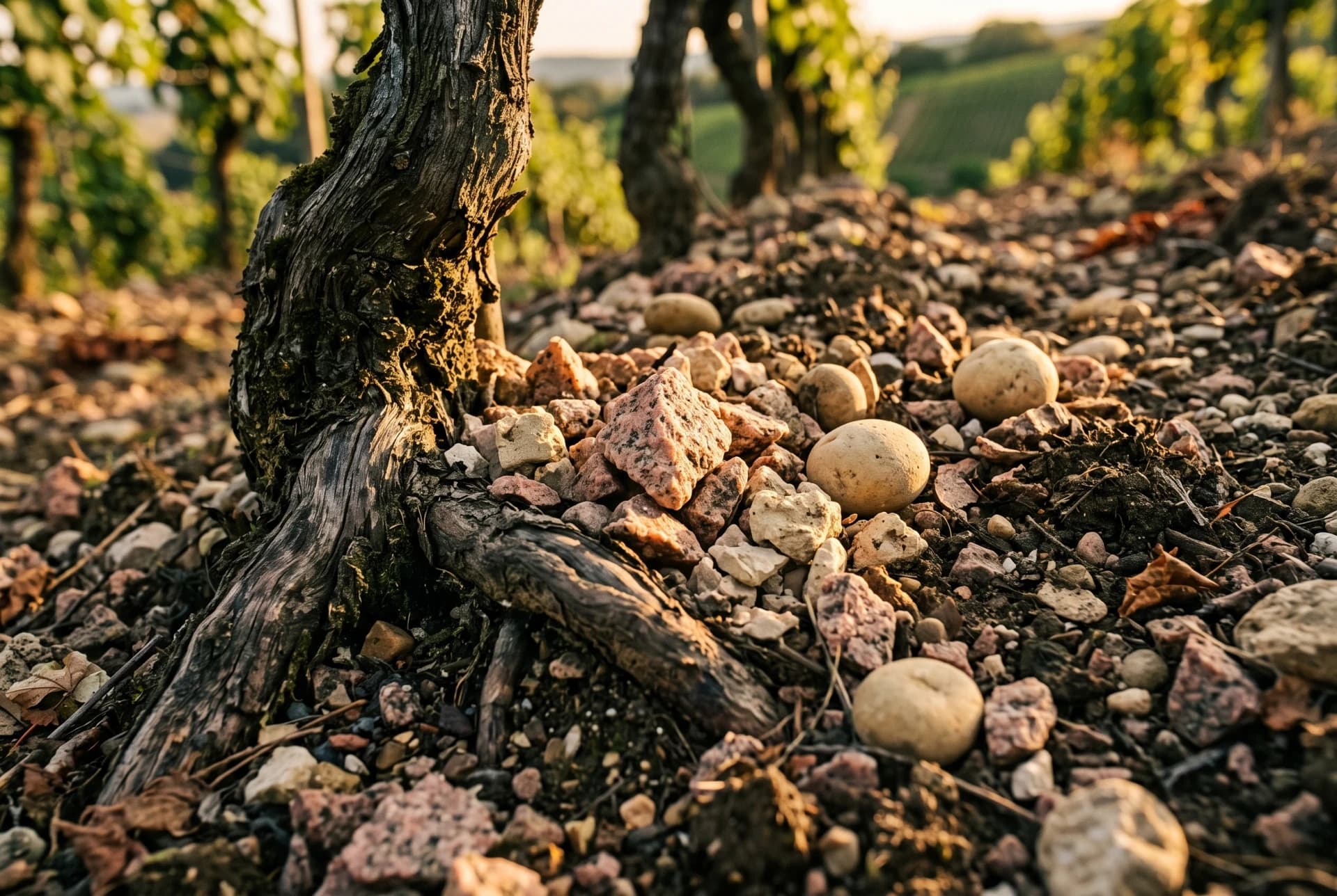Détail du sol viticole : galets de granite et de calcaire, racine de vieille vigne