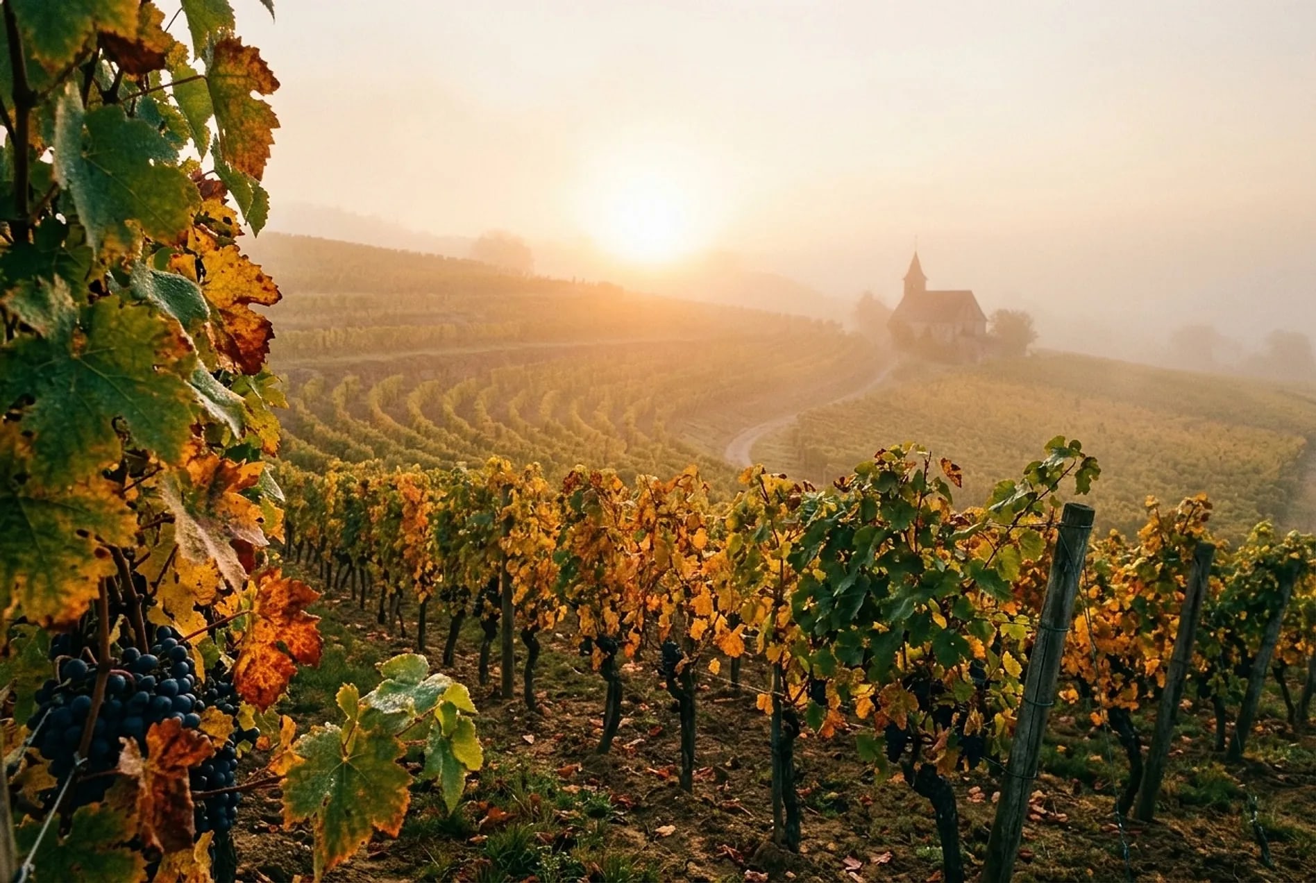 Rangs de vigne dorés à l'automne sous une brume de vendange, chapelle alsacienne au loin