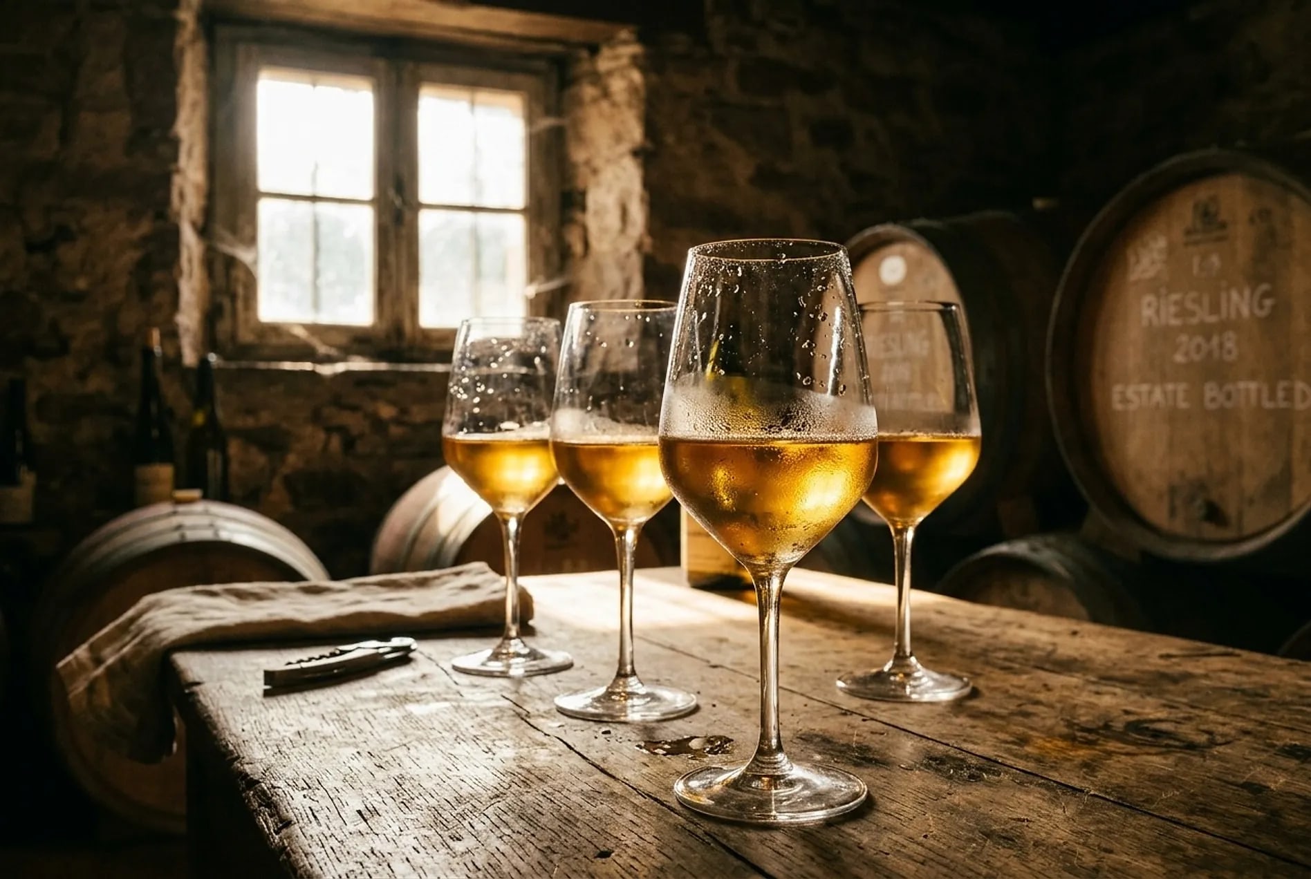 Quatre verres de Riesling doré sur une vieille table de chêne, devant les foudres de la cave du domaine