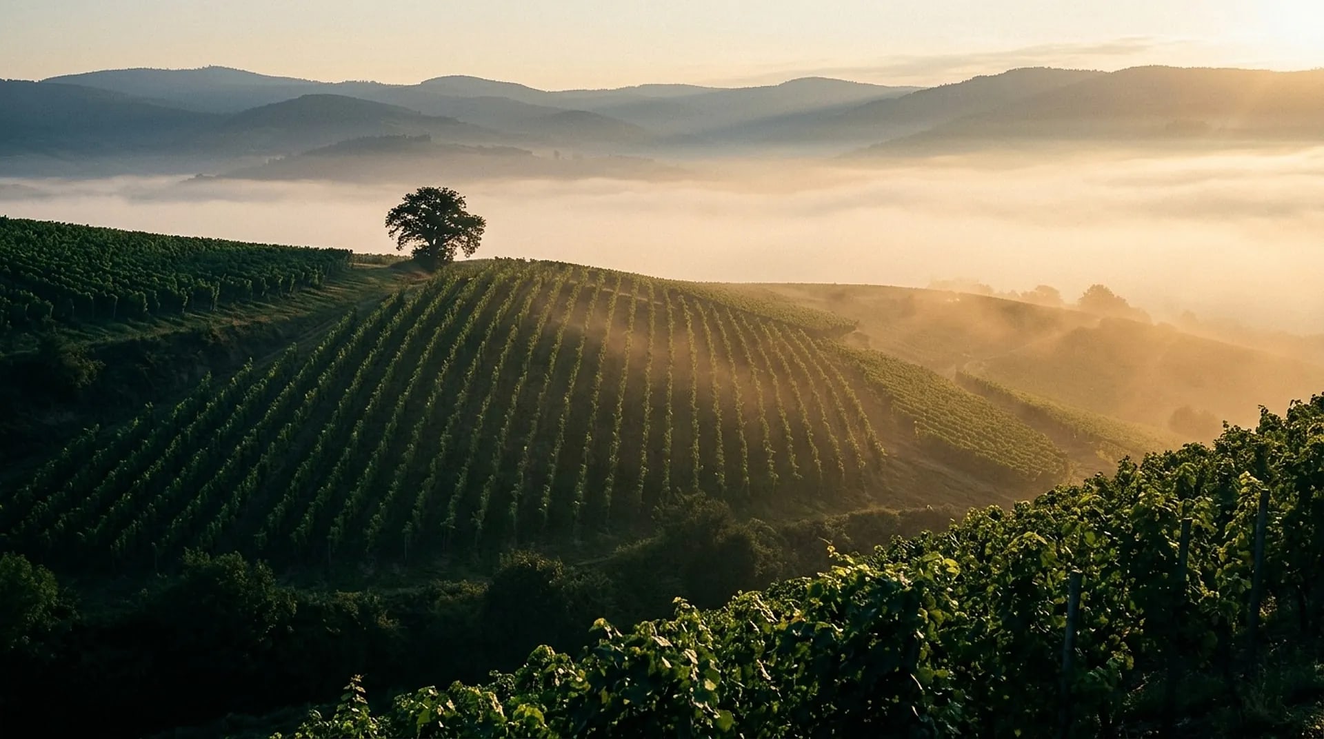 Les vignes de Riesling du Domaine Hartwiller à l'aube, brume sur la vallée et silhouette des Vosges