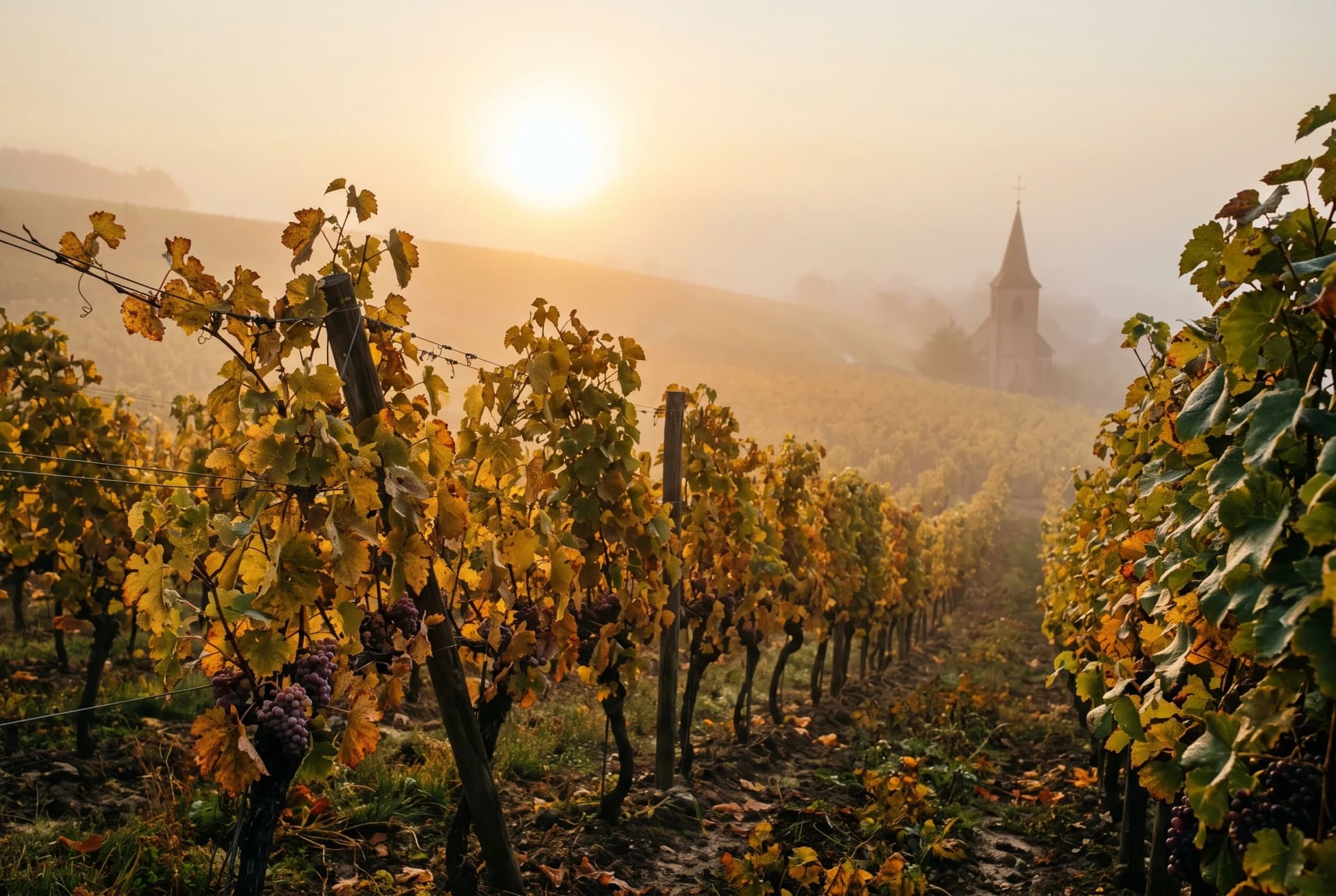 Rangs de vigne à l'automne se dissolvant dans la brume d'aube, feuillage or et rouille