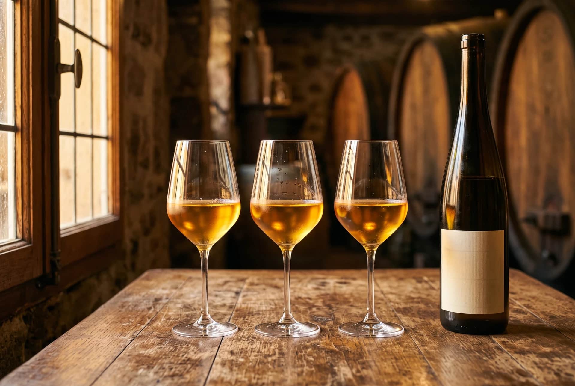 Trois verres de Riesling à contre-jour sur une table de chêne, prêts pour la dégustation au domaine