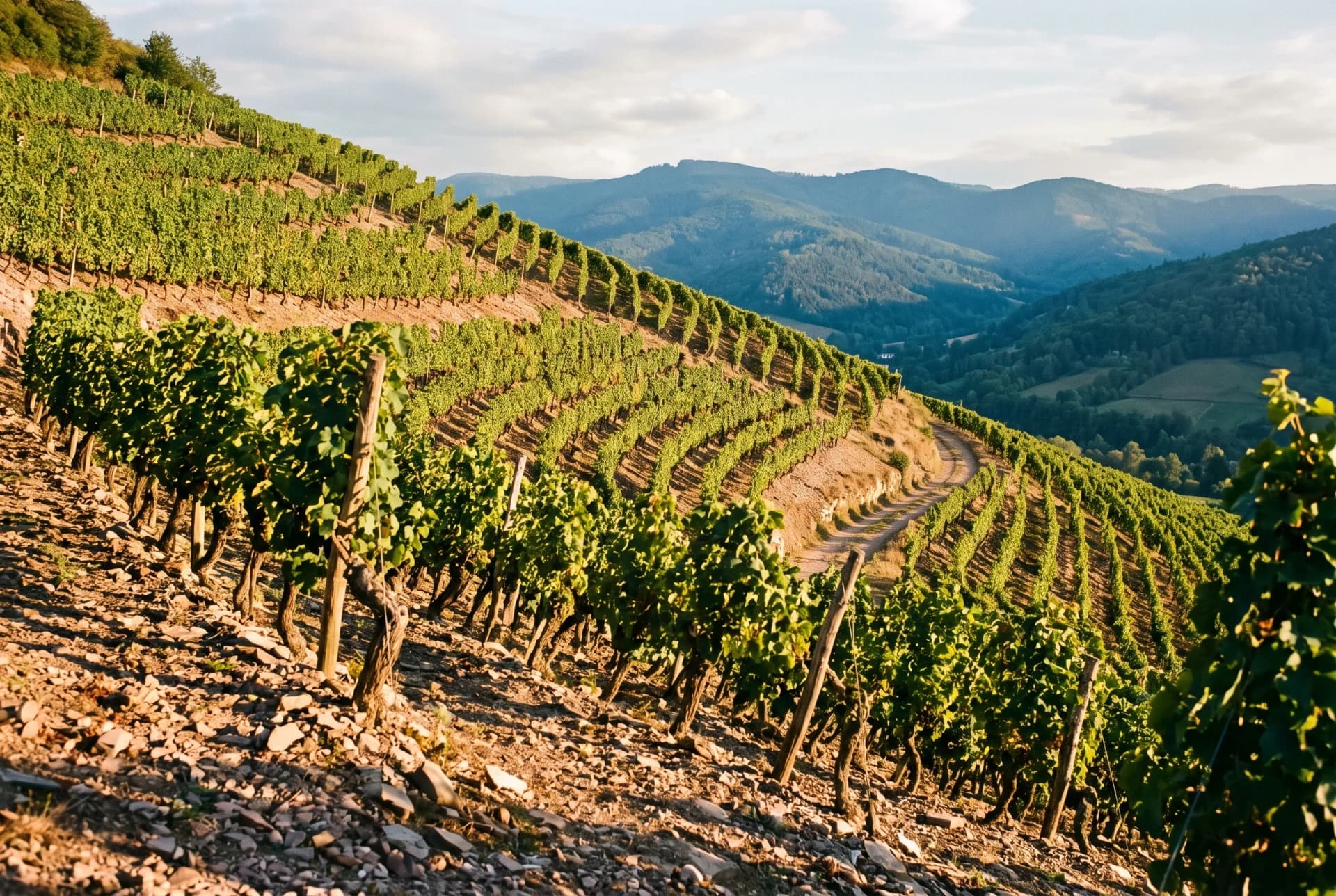Le lieu-dit Sonnenhalt, vieilles vignes de Riesling sur une pente de granite et de marne au soleil rasant